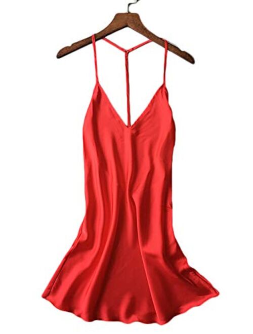 Kaei&Shi Silky Satin Nightie,Backless Lingerie for Women,Loose Sleepwear,Mini Nightgown,Spaghetti Strap Chemise