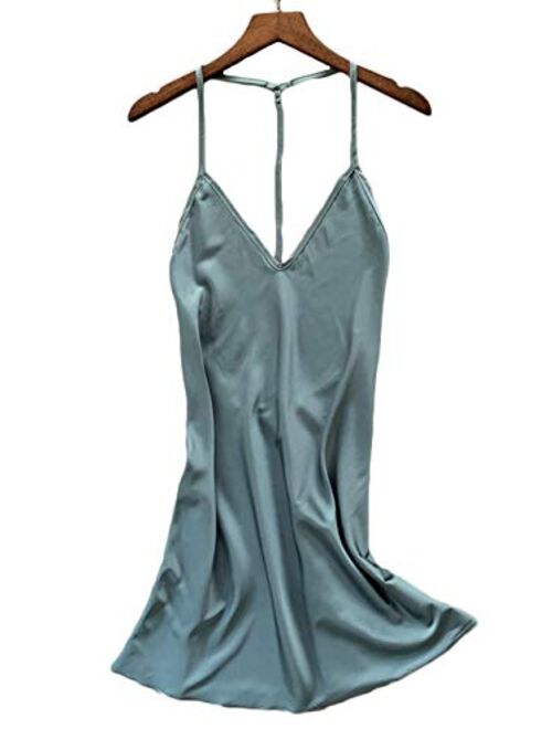 Kaei&Shi Silky Satin Nightie,Backless Lingerie for Women,Loose Sleepwear,Mini Nightgown,Spaghetti Strap Chemise