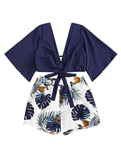 Women's 2 Piece Boho Butterfly Sleeve Knot Front Crop Top with Shorts Set