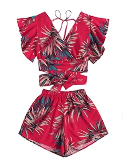 Women's 2 Piece Boho Butterfly Sleeve Knot Front Crop Top with Shorts Set