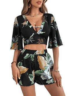 Women's 2 Piece Boho Butterfly Sleeve Knot Front Crop Top with Shorts Set