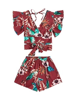 Women's 2 Piece Boho Butterfly Sleeve Knot Front Crop Top with Shorts Set