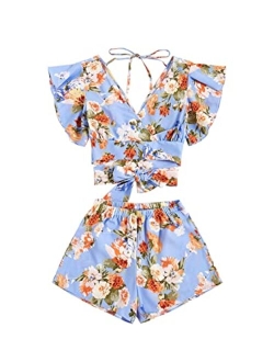 Women's 2 Piece Boho Butterfly Sleeve Knot Front Crop Top with Shorts Set