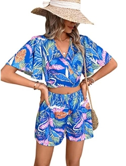 Women's 2 Piece Boho Butterfly Sleeve Knot Front Crop Top with Shorts Set