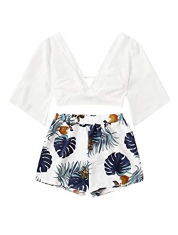 Women's 2 Piece Boho Butterfly Sleeve Knot Front Crop Top with Shorts Set