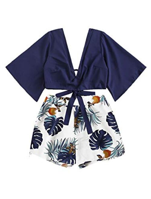 SweatyRocks Women's 2 Piece Boho Butterfly Sleeve Knot Front Crop Top with Shorts Set