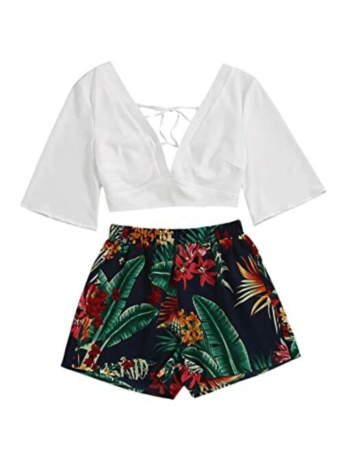 SweatyRocks Women's 2 Piece Boho Butterfly Sleeve Knot Front Crop Top with Shorts Set