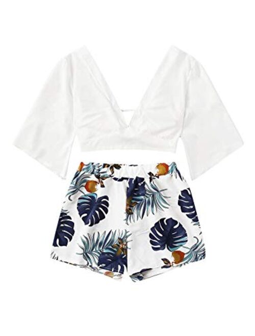 SweatyRocks Women's 2 Piece Boho Butterfly Sleeve Knot Front Crop Top with Shorts Set