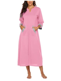 Women Zipper Robe 3/4 Sleeves Loungewear Full Length Sleepwear Pockets Housecoat Long Soft Bathrobe