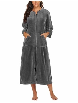 Women Zipper Robe 3/4 Sleeves Loungewear Full Length Sleepwear Pockets Housecoat Long Soft Bathrobe