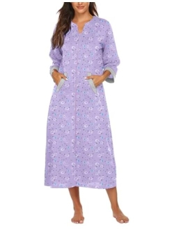 Women Zipper Robe 3/4 Sleeves Loungewear Full Length Sleepwear Pockets Housecoat Long Soft Bathrobe