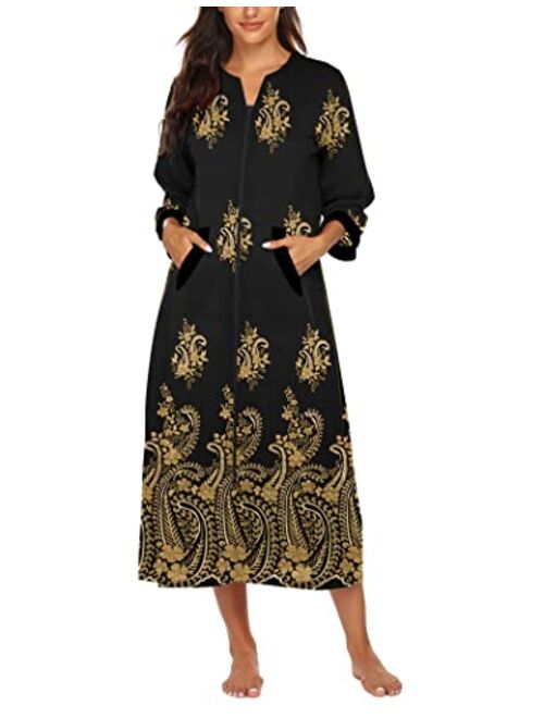 Ekouaer Women Zipper Robe 3/4 Sleeves Loungewear Full Length Sleepwear Pockets Housecoat Long Soft Bathrobe