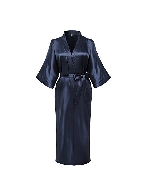 goodmansam Women's Plain Color Satin Kimono Robes Elegant Style Nightgown,Long