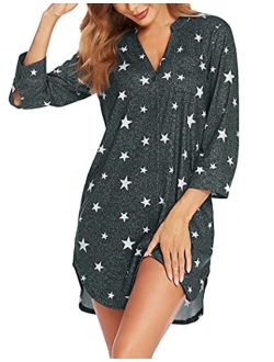 Women's Nightgown Striped Sleepwear 3/4 Sleeves Nightshirts Soft Button Sleep Dress