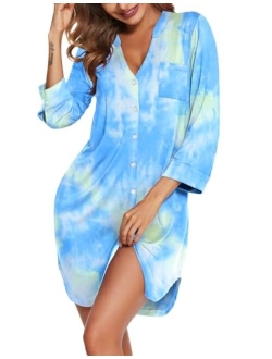 Women's Nightgown Striped Sleepwear 3/4 Sleeves Nightshirts Soft Button Sleep Dress