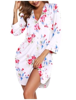 Women's Nightgown Striped Sleepwear 3/4 Sleeves Nightshirts Soft Button Sleep Dress