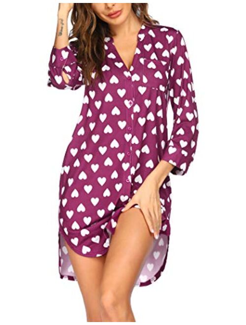 Ekouaer Women's Nightgown Striped Sleepwear 3/4 Sleeves Nightshirts Soft Button Sleep Dress