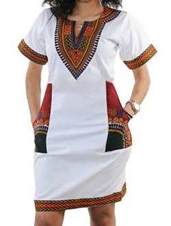 SheKiss Women's Dashiki African Bodycon Dresses Bohemian Vintage Print Club Midi V-Neck Pockets