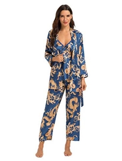 Escalier Women's Silk Satin Pajamas Set 3 Pcs Floral Silky Pj Sets Sleepwear Cami Nightwear with Robe and Pants