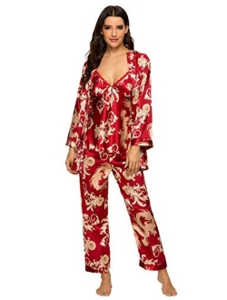 Escalier Women's Silk Satin Pajamas Set 3 Pcs Floral Silky Pj Sets Sleepwear Cami Nightwear with Robe and Pants