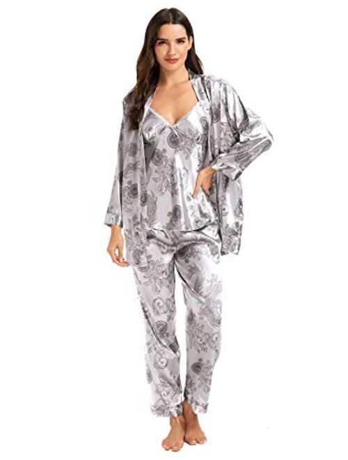 Escalier Women's Silk Satin Pajamas Set 3 Pcs Floral Silky Pj Sets Sleepwear Cami Nightwear with Robe and Pants