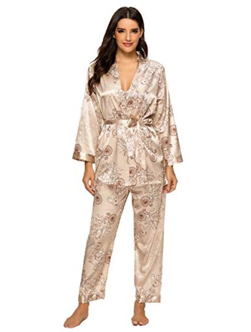 Escalier Women's Silk Satin Pajamas Set 3 Pcs Floral Silky Pj Sets Sleepwear Cami Nightwear with Robe and Pants