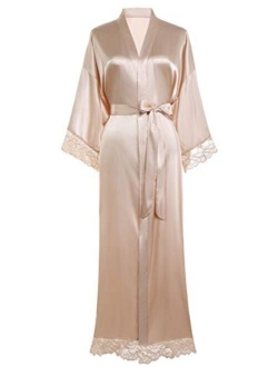 BABEYOND Satin Kimono Robe Long Bridesmaid Wedding Bath Robe with Lace Trim