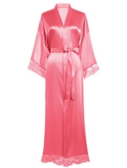 BABEYOND Satin Kimono Robe Long Bridesmaid Wedding Bath Robe with Lace Trim