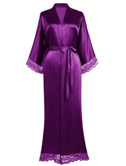 BABEYOND Satin Kimono Robe Long Bridesmaid Wedding Bath Robe with Lace Trim