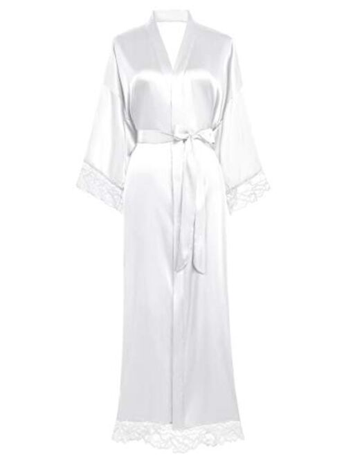 BABEYOND Satin Kimono Robe Long Bridesmaid Wedding Bath Robe with Lace Trim