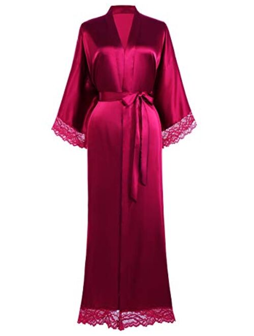 BABEYOND Satin Kimono Robe Long Bridesmaid Wedding Bath Robe with Lace Trim