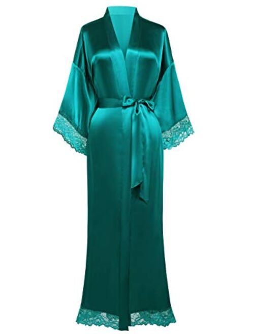 BABEYOND Satin Kimono Robe Long Bridesmaid Wedding Bath Robe with Lace Trim