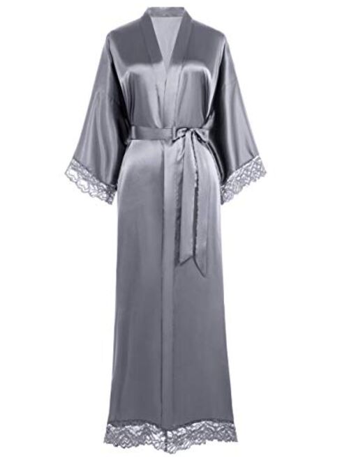 BABEYOND Satin Kimono Robe Long Bridesmaid Wedding Bath Robe with Lace Trim