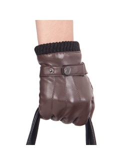 Men's PU Leather Gloves Touchscreen Texting Winter Driving Gloves with Long Fleece Lining & Wool Cashmere Cuff