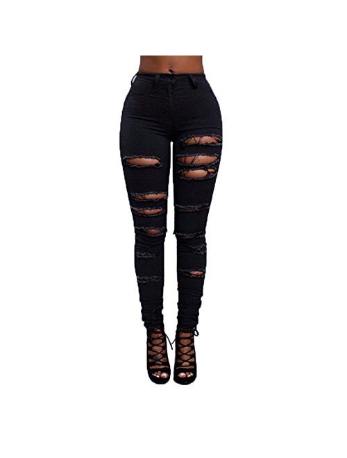 VICVIK High Waist Women Knee Skinny Denim Distressed Ripped Boyfriend Jeans