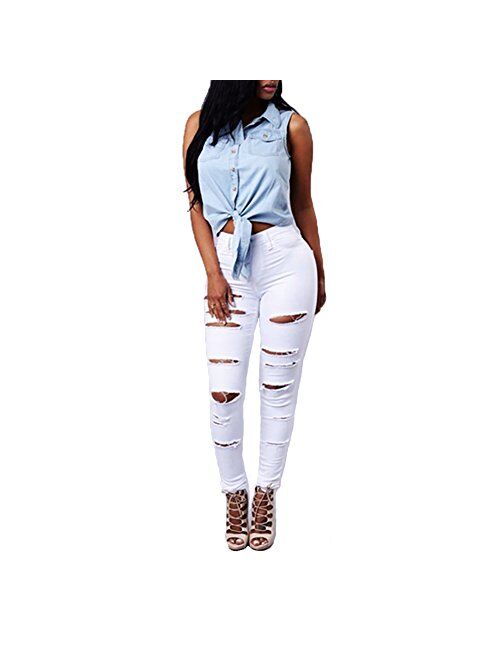 VICVIK High Waist Women Knee Skinny Denim Distressed Ripped Boyfriend Jeans