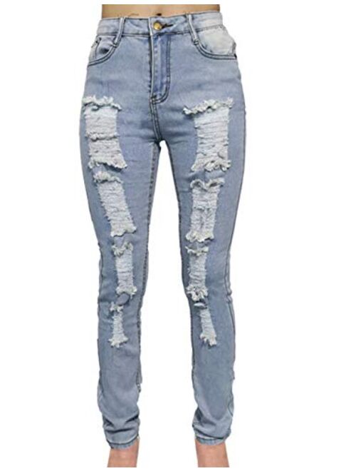 Sexyshine Women's High Waisted Skinny Destroyed Ripped Hole Denim Pants Long Stretch Pencil Jeans