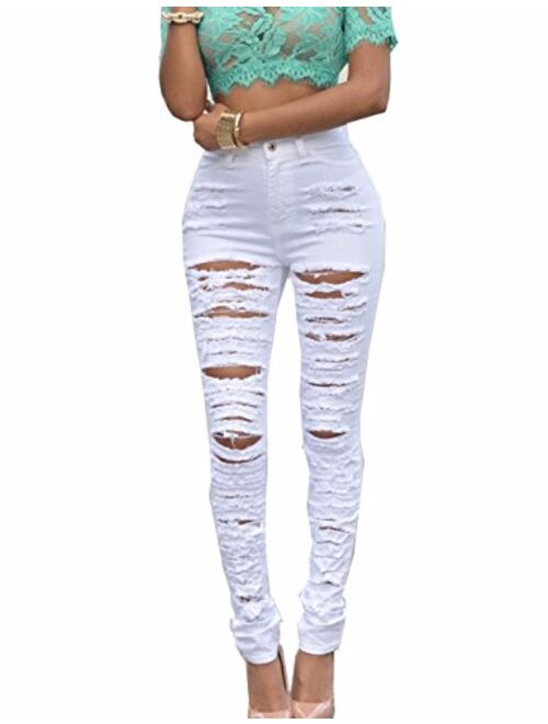 Sexyshine Women's High Waisted Skinny Destroyed Ripped Hole Denim Pants Long Stretch Pencil Jeans