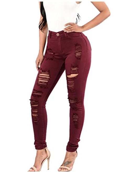 Sexyshine Women's High Waisted Skinny Destroyed Ripped Hole Denim Pants Long Stretch Pencil Jeans