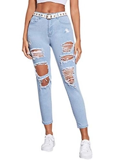 Women's Hight Waisted Stretch Ripped Skinny Jeans Distressed Denim Pants