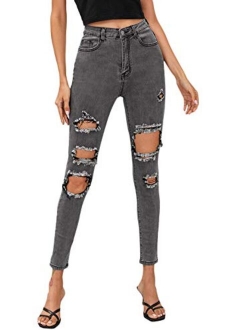 Women's Hight Waisted Stretch Ripped Skinny Jeans Distressed Denim Pants