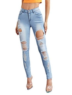 Women's Hight Waisted Stretch Ripped Skinny Jeans Distressed Denim Pants