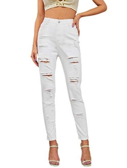 Women's Hight Waisted Stretch Ripped Skinny Jeans Distressed Denim Pants