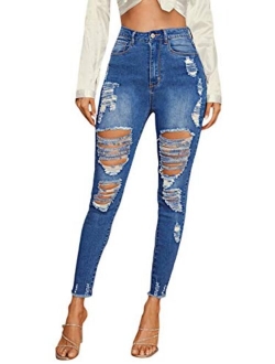 Women's Hight Waisted Stretch Ripped Skinny Jeans Distressed Denim Pants