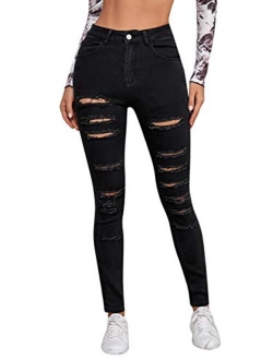 Women's Hight Waisted Stretch Ripped Skinny Jeans Distressed Denim Pants