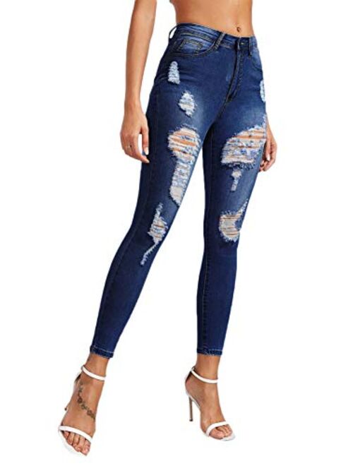 SweatyRocks Women's Hight Waisted Stretch Ripped Skinny Jeans Distressed Denim Pants