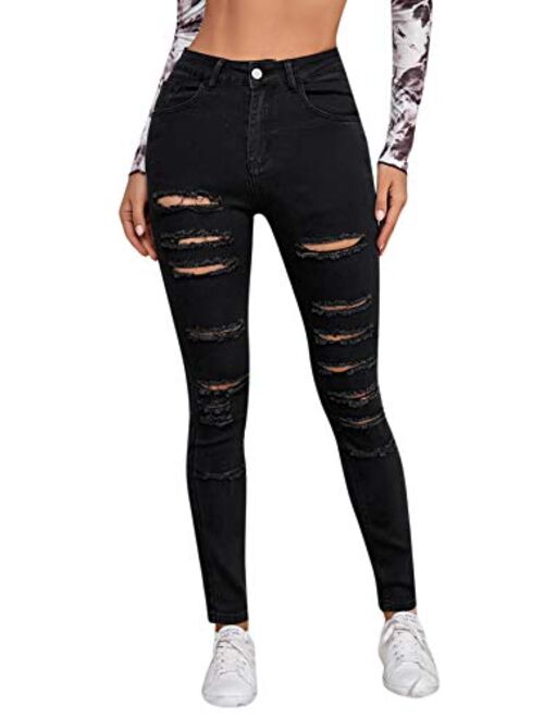 SweatyRocks Women's Hight Waisted Stretch Ripped Skinny Jeans Distressed Denim Pants