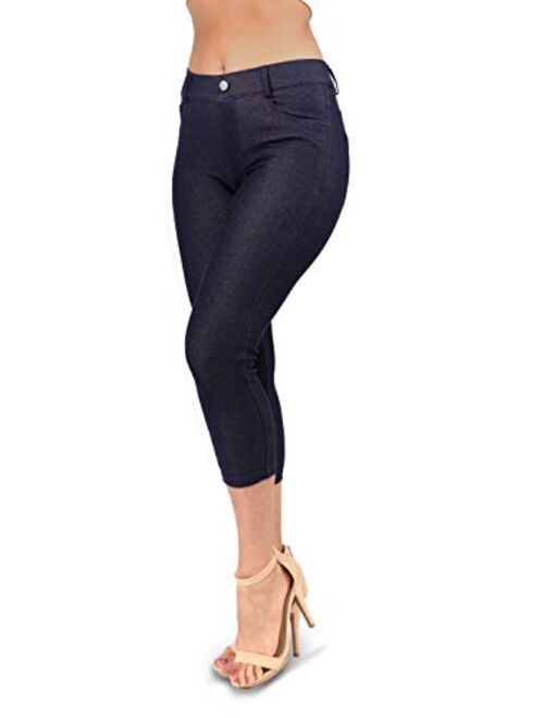 Ylluo Jean Look Jeggings for Women Denim Womens Stretch Skinny with Pockets Cotton Blend Capri and Full Length