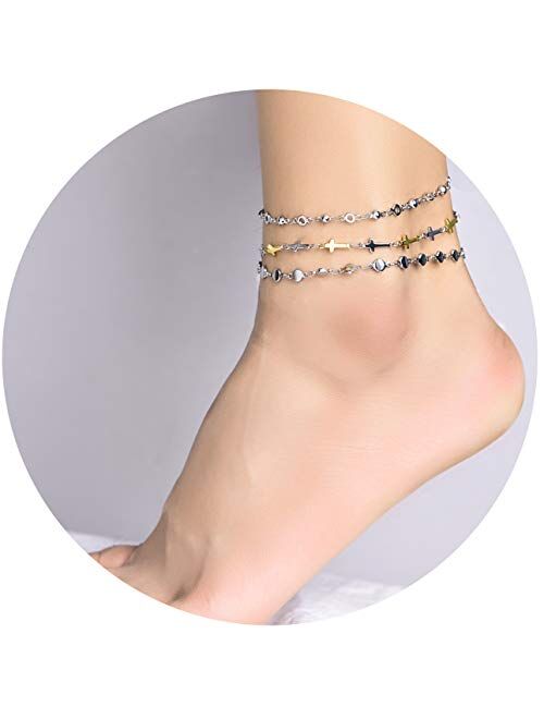 hoduar Stainless Steel Anklet, Two Tone Cross Ankle Bracelets Adjustable Beads Jewelry Chains 3Pcs Set [8.2