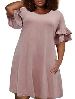 Nemidor Women's Ruffle Sleeve Jersey Knit Plus Size Casual Swing Dress with Pocket